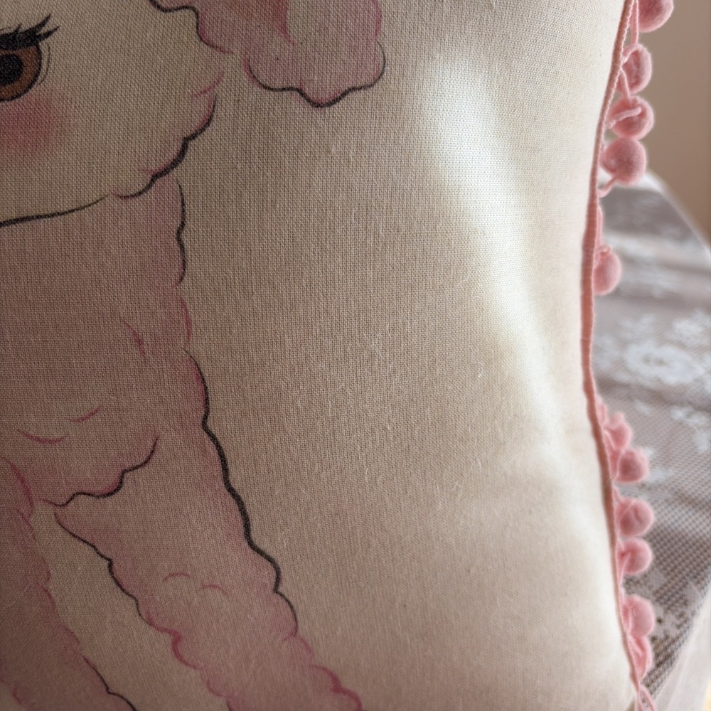 Vintage Inspired Kitschy Lamb Throw Pillow Pink Pom Pom Fringe Square Polka Dots - Picture 6 of 16
